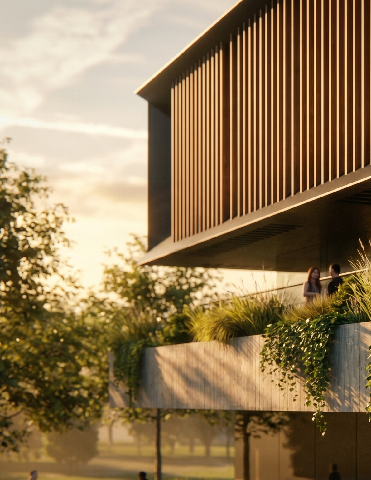 Detalhe da fachada, das lâminas verticais e dos terraços ajardinados
